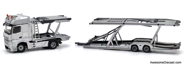 Mercedes Benz Actros MP5 Sleeper Tractor w/Car Transporter Trailer, Silver 1:64 Diecast Model Truck by Tiny