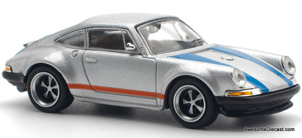 Porsche 911 964 Singer, Silver/Blue Stripes 1:64 Diecast Model Car by Pop Race