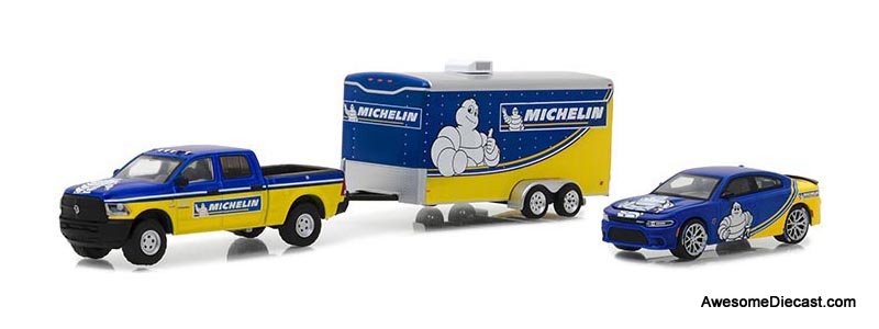 Greenlight 1:64 2017 Dodge RAM 2500 Pickup & 2017 Charger Hellcat Michelin Tires with Enclosed Car Hauler