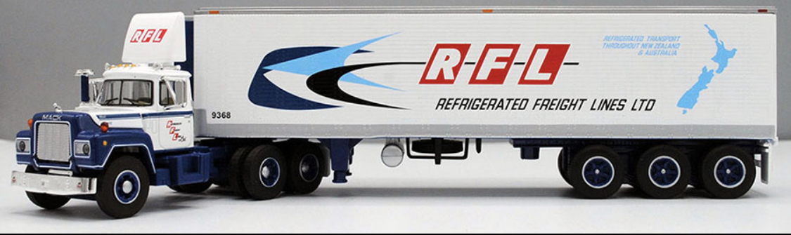 First Gear 1:64 Mack R w/ 40’ Vintage Reefer Trailer: RFL - Refrigerated Freight Lines