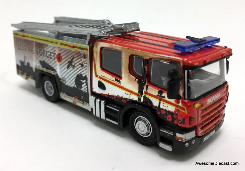 Oxford 1:76 2018 Scania P360 Fire Truck: Humberside Fire & Rescue (Remembrance Day Livery)
