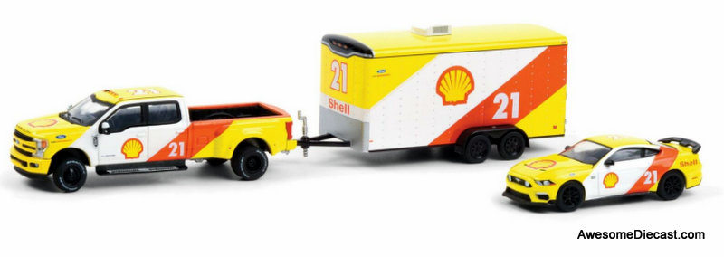 Greenlight 1:64 2019 Ford F-350 & 2021 Ford Mustang Mach 1 w/Enclosed Car Hauler