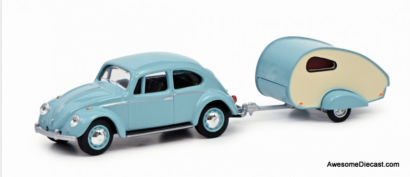 Schuco 1:64 1970 Volkswagen Beetle w/ Teardrop Caravan Trailer