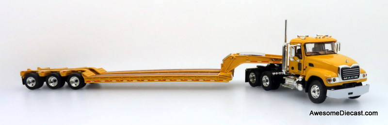 Only One! First Gear 1:64 Mack Granite w/ Tri-Axle Lowboy Trailer, Yellow