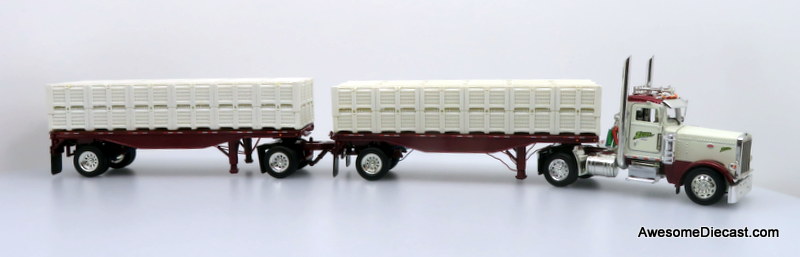 Only One! Tonkin Replicas 1:53 Peterbilt 388 Day Cab w/ 26' Double Flatbed Trailers and Crate Load: Zayas and Sons Trucking