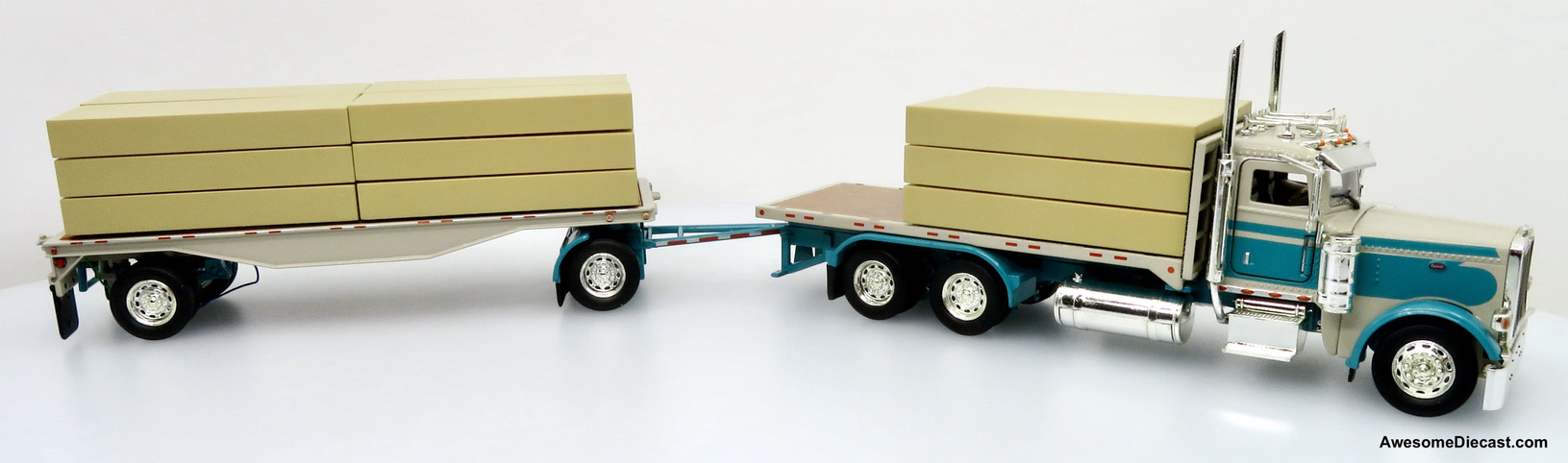 Only One! Tonkin Replicas 1:53 Peterbilt 388 Stake Body w/ 24' Flatbed Trailer and Lumber Load: Show Truck, Beige and Green 