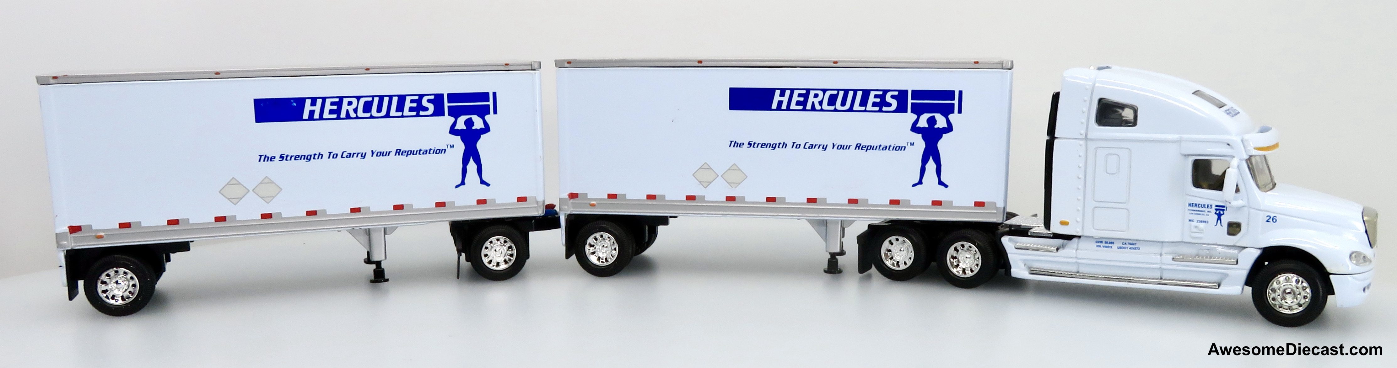 Only One! DG Productions 1:64 Freightliner Columbia Sleeper Cab w/ 28' Double Pup Trailers: Hercules Forwarding