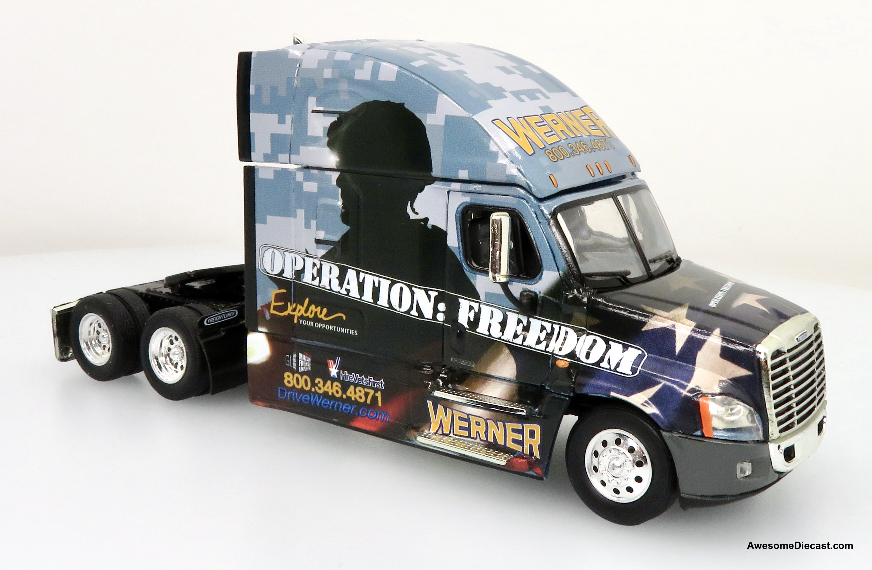 Only One! Tonkin Replicas 1:53 Freightliner Cascadia Sleeper Cab Tractor: Werner Enterprises / Operation: Freedom (Freedom 1 Truck)