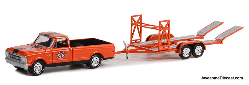 Greenlight 1:64 1968 Chevrolet C-10 STP w/Bed Cover & STP Tandem Car Trailer