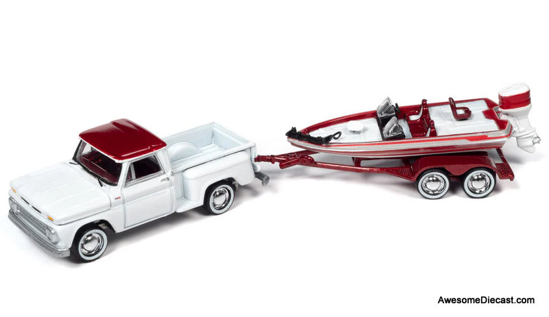 Johnny Lightning 1:64 1965 Chevrolet Stepside Pick-Up w/Boat & Trailer, White/Custom Red Metallic