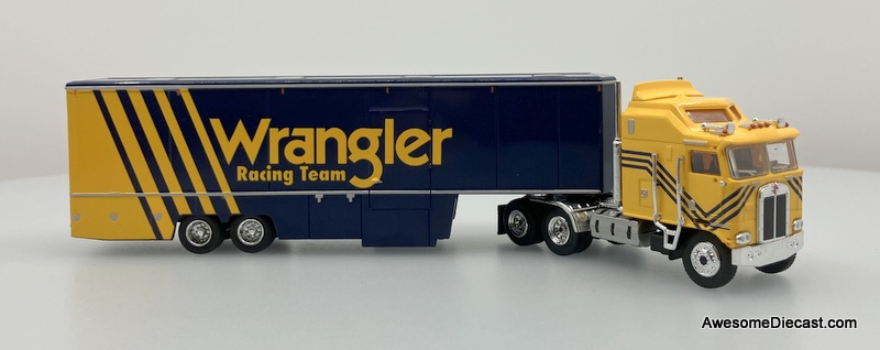 Brekina 1:87 Kenworth K100 Aerodyne Sleeper Tractor w/Car Carrier Trailer: Wrangler Racing