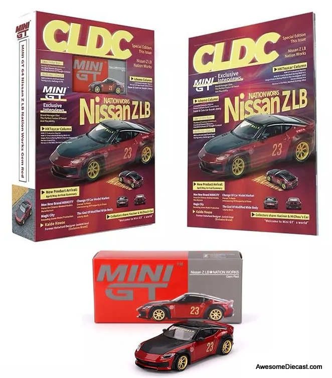Mini GT 1:64 CLDC Magazine w/Nissan Z LB Nation Works, Metallic Red