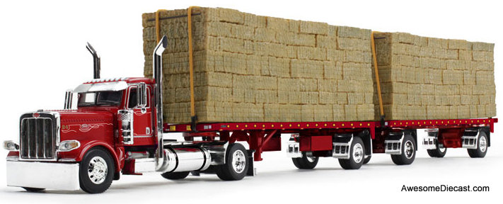 Peterbilt 389 Day Cab w/ Utility Dual Flatbed Trailers w/ Hay Load, Viper Red 1:64 Diecast Truck by DCP by FG
