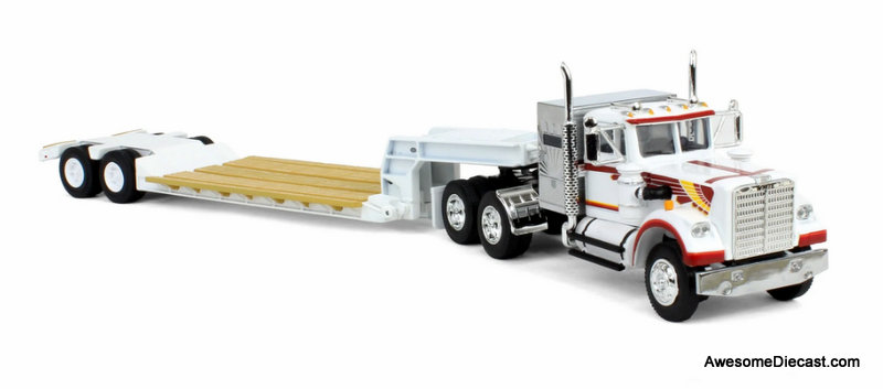 White Western Star 4900 36" Vintage Sleeper, White/Orange w/Rogers Vintage Lowboy Trailer 1:64 Diecast Model Truck DCP by FG