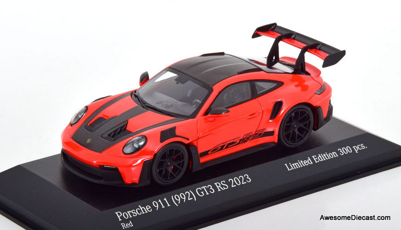 2023 Porsche 911 (992) GT3 RS, Red/Carbon Fiber 1:43 Diecast Model Car by Minichamps