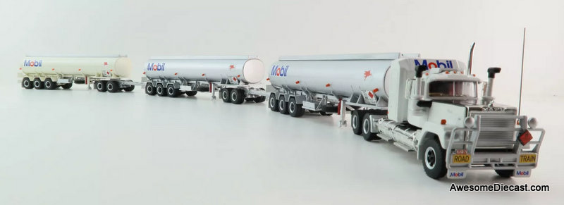 Mack Super Liner Sleeper Cab w/ Three Tanker Trailers Road Train: Mobil 1:64 Diecast Model Truck by Highway Replicas