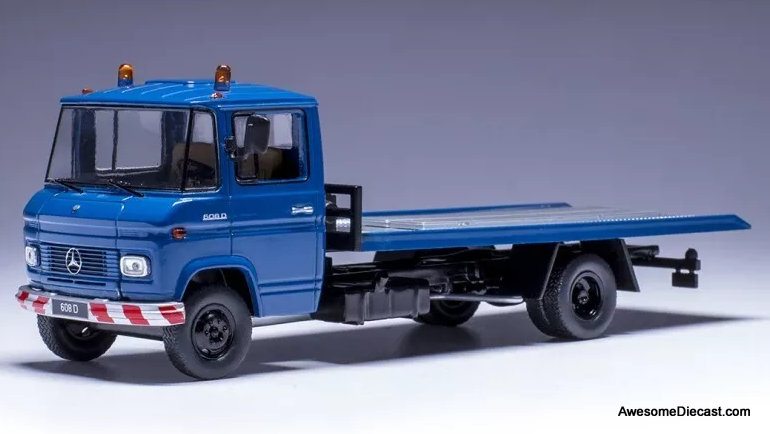 1980 Mercedes Benz L608 D Flatbed Car Carrier, Blue 1:43 Diecast
