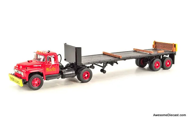 1956 Ford F-800 Day Cab w/Flatbed Trailer: Motor City Equipment Sales 1:50 Diecast Model Truck by First Gear