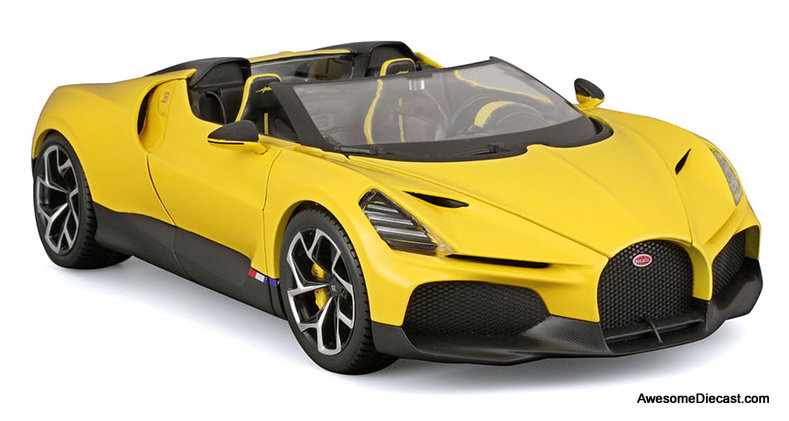 2023 Bugatti Mistral, Yellow 1:18 Diecast Model Car by Burago