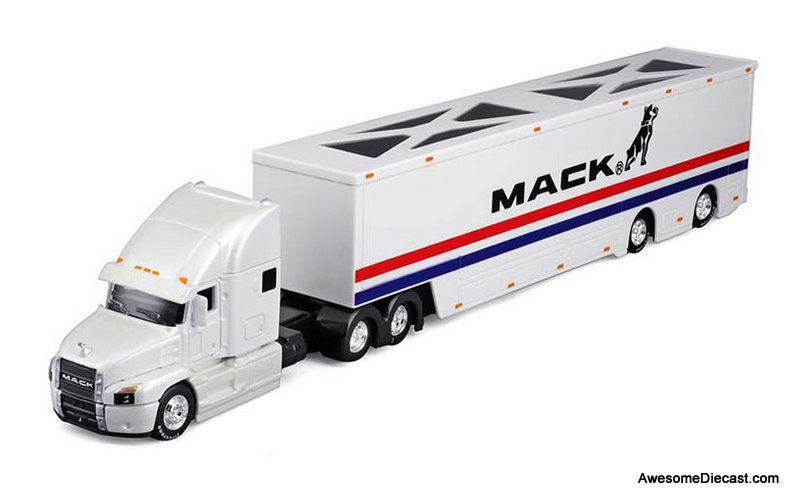 Mack Anthem Sleeper Tractor w/Enclosed Transporter, White/ Custom Red Blue Stripes 1:64 ABS Plastic Model Truck by Maisto