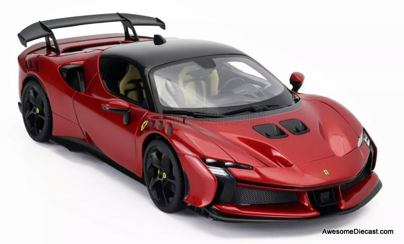 2024 Ferrari SF90 XX Stradale, Rossa Magma Red Metallic 1:18 Diecast Model Car by Burago