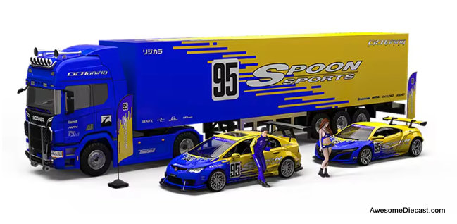 Scania Sleeper Tractor w/53' Container Trailer & Honda Civic (FD2) + Honda NSX Spoon Racing 1:64 Diecast Model Vehicles by Time Micro
