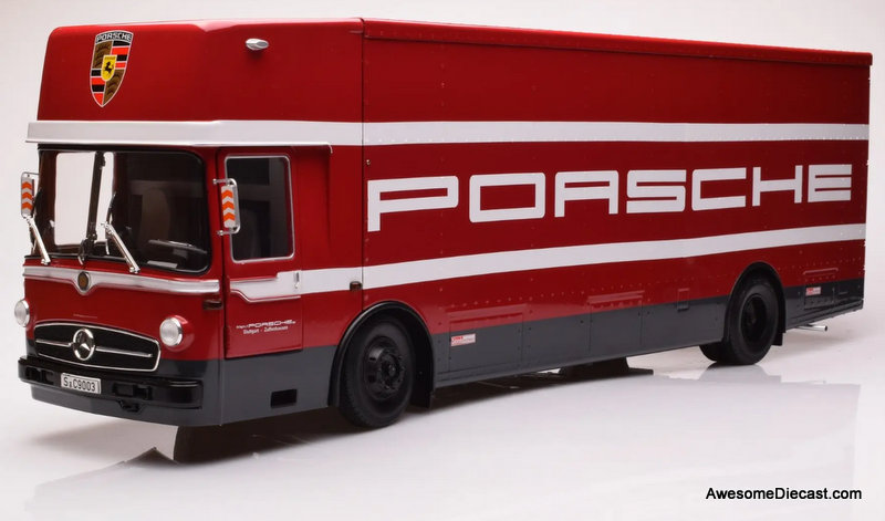CMRトランスポーター Mercedes Benz O317 Porsche Transporter, Red 1:18 Diecast