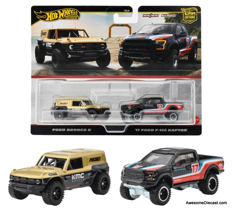 Hot Wheels Premium 2 Pack Ford Bronco R & 2017 Ford F-150 Raptor 1:64 Diecast Model Cars by Hot Wheels