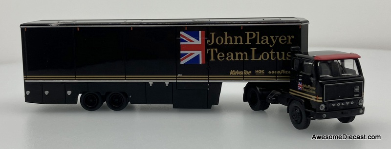 Volvo F89 Day Cab w/Car Carrier Trailer: John Player Team Lotus 1:87 ABS Plastic Model by Brekina