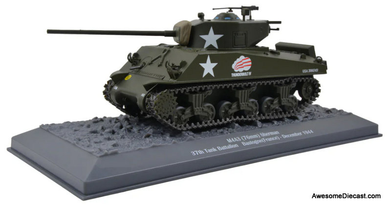 US M4A3 Sherman Medium Tank - Creighton Abrams' "Thunderbolt IV", 37th Tank Battalion, 4th Armored Division, Bastogne, Belgium, December 1944 1:43 Diecast Model Tank by Motor City Classics