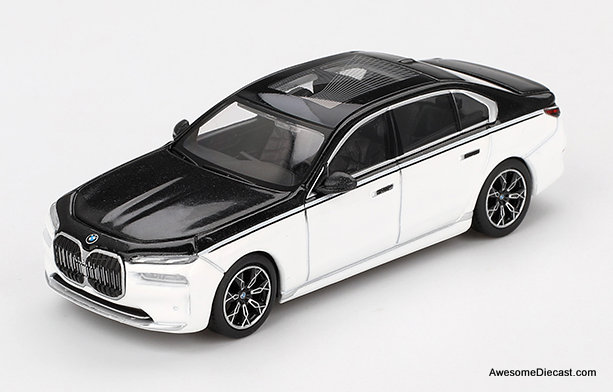 BMW i7 xDrive60 Alpine White/Black Sapphire 1:64 Diecast Model Car by Mini GT