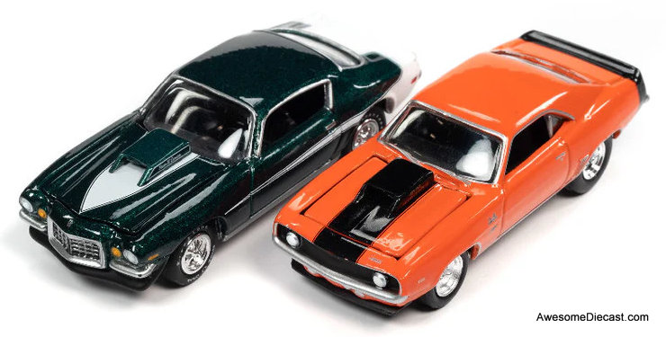 1969 Chevrolet Camaro ZLX Phase III Hugger Orange w/Black & 1973 Phase III Dark Green 1:64 Diecast Model Car by Johnny Lightning