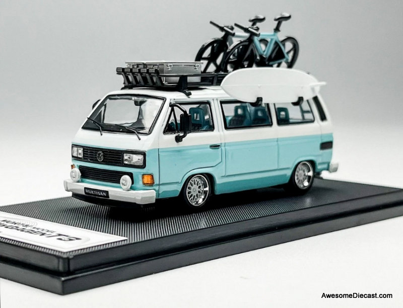 Volkswagen T3 Lowside Camper w/Accessories, Tiffany Blue/White 1:64 Diecast Model Car by Mortal