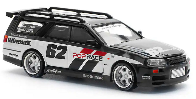 Nissan Stagea #62: Simon's Garage, Black 1:64 Diecast Model Car by Pop Race