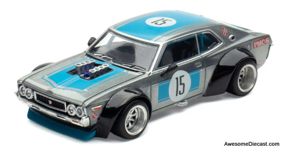 Datsun Laurel C130 RHD  #15 Raw Metal w/Blue Stripes 1:64 Diecast Model Car by Pop Race