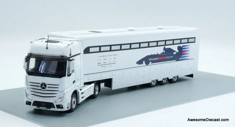 Mercedes Benz Actros Sleeper Tractor w/Car Carrier Trailer: Williams Martini Racing 1:43 Diecast/ABS Plastic Model Truck by Altaya