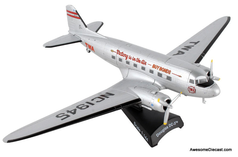 McDonnell Douglas DC3: TWA (Trans World Airlines) 1:144 Diecast Model Plane by Postage Stamp
