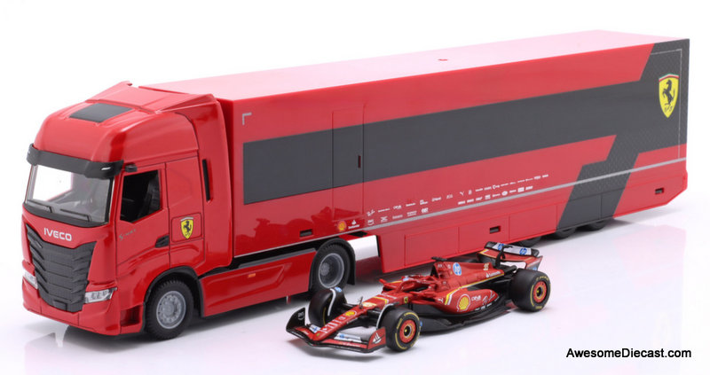 Iveco S-Way 570 Racing Transporter: Scuderia  Team Ferrari w/Race Car 1:43 Diecast Model Vehicle by Burago