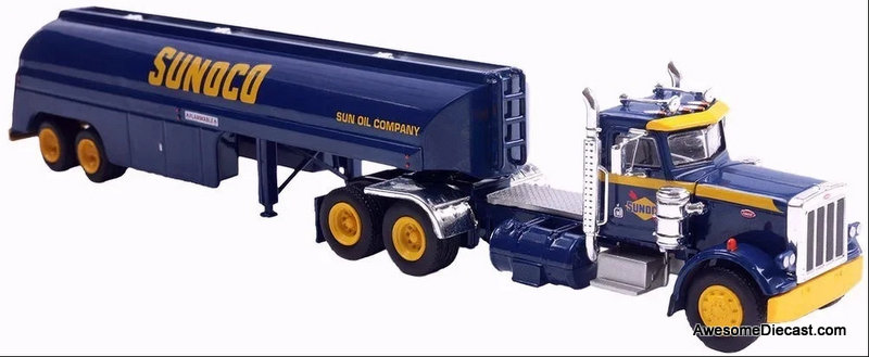 Peterbilt 359 Day Cab w/Tanker Trailer: Sunoco 1:87 ABS Plastic Model Truck by Brekina