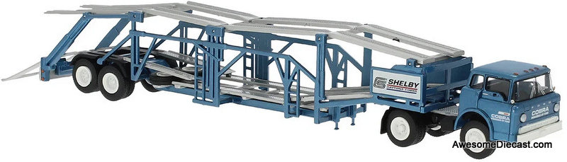 Ford C-Series Day Cab w/Car Transporter Trailer, Blue: Shelby 1:87 ABS Plastic Model Truck by Brekina