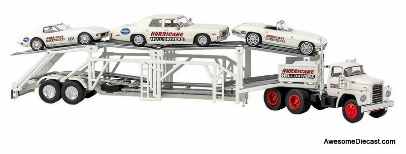 1975 Dodge Day Cab w/Car Transporter Trailer: Hurricane Hell Drivers 1:87 ABS Plastic Model Truck by Brekina