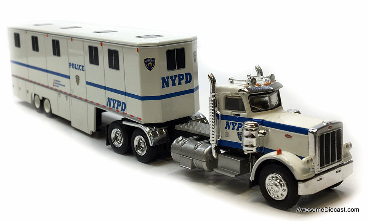 1973 Peterbilt 359 Day Cab w/Horsebox Trailer: NYPD 1:87 ABS Plastic Model Truck by Brekina