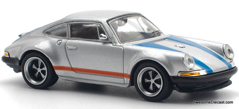 Porsche 911 964 Singer, Silver/Blue Stripes 1:64 Diecast Model Car by Pop Race