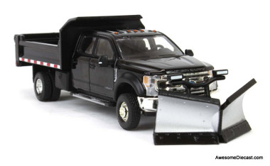 2020 Ford F-450 XLT Super Duty Dually w/V-Plow & Dump Bed Agate Black, 1:64 Diecast Model Truck by Greenlight
