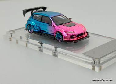 1996 Kevmanzz Honda Civic EG6 Widebody, Blue/Pink Chrome 1:64 Diecast Model Car by DCM