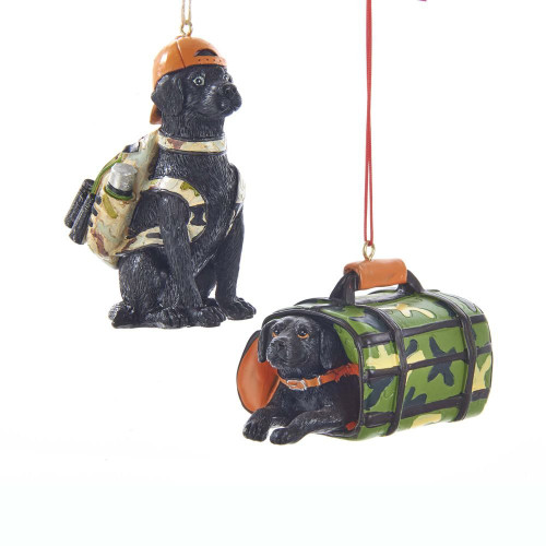 2pc Black Lab Hunting Dogs In Camo Christmas Ornament