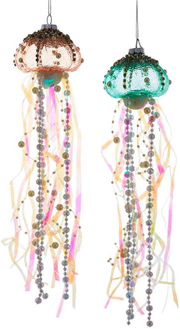 Coastal Beaded Jellyfish Glass and Ribbons Christmas Holiday Ornaments Set of 2