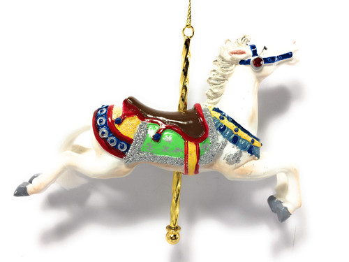 White Carousel Horse w Brown Saddle Ornament