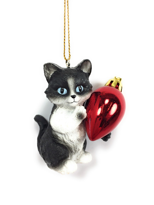 Black White Kitten w Red Christmas Tree Ornament