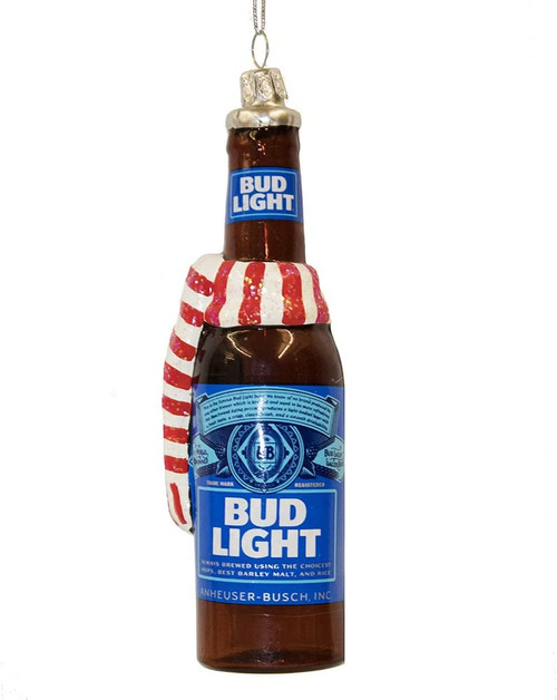 Kurt Adler Blown Glass Anheuser Busch Bud Light Beer Bottle w Scarf Ornament NEW